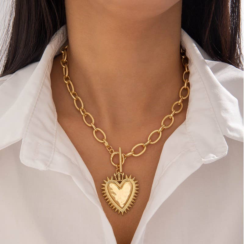 Spiked Chunky Heart Toggle Necklace-Gold