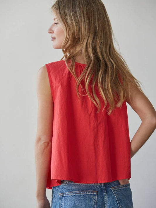 Woven Cotton Pin Tuck Top-Red