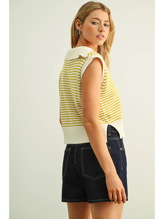 Stripe Collar Knitted Top-Lemon