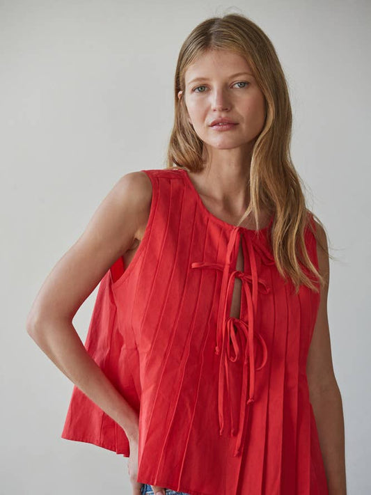 Woven Cotton Pin Tuck Top-Red