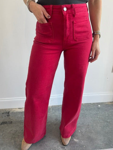 Patch Pocket Wide Leg Jeans-Red