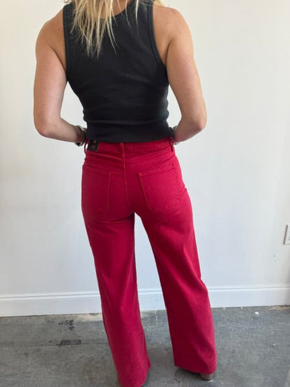 Patch Pocket Wide Leg Jeans-Red
