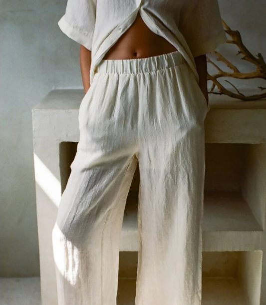 Woven Linen High Waisted Wide Leg Pants