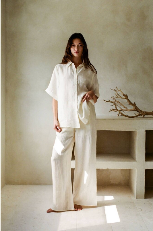 Woven Linen High Waisted Wide Leg Pants