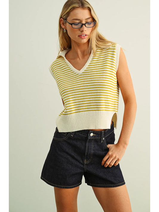 Stripe Collar Knitted Top-Lemon