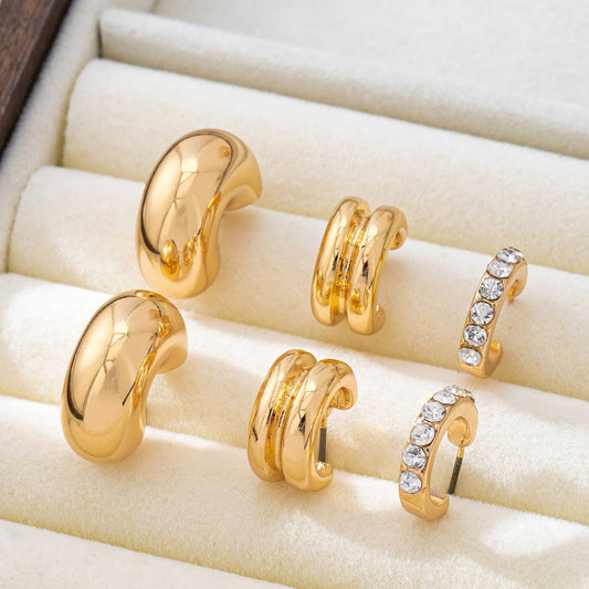 Rhinestone Double Puffy Hoop Trio-Gold
