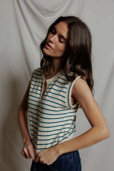 Sloane Terry Top-Teal Blue Stripe